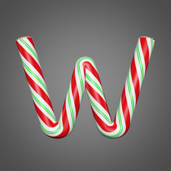 Festive alphabet letter W uppercase. Christmas font made of mint striped candy canes. 3D render on gray background.