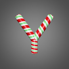 Festive alphabet letter Y uppercase. Christmas font made of mint striped candy canes. 3D render on gray background.