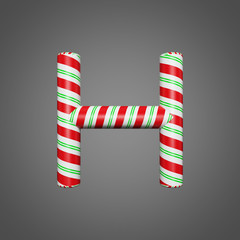 Festive alphabet letter H uppercase. Christmas font made of mint striped candy canes. 3D render on gray background.