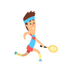 Obraz na płótnie Canvas Funny guy with racket in hand running forward to hit the ball. Man taking part in tennis tournament. Summer Olympic game. Flat vector design