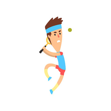 Young tennis player jumping to hit ball. Funny guy in action. Man in sportswear. Active sports game. Flat vector design
