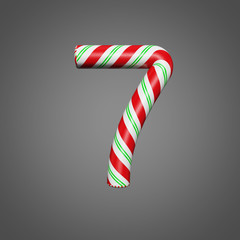 Obraz premium Festive alphabet number 7. Christmas font made of mint striped candy canes. 3D render on gray background.