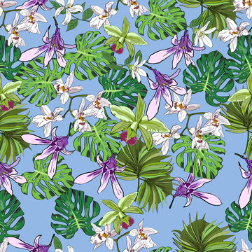 Floral seamless pattern, orchids, monstera leaves, fan palm leaves. Hand drawn illustration.