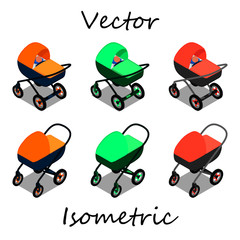 Baby carriages in isometrics in different angles. Carriages with sleeping babies in it.