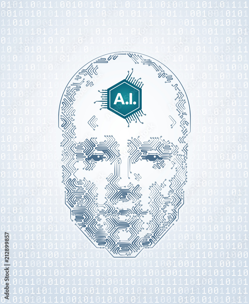 Poster artistic representation of artificial intelligence. a human face formed from electronic pattern of p