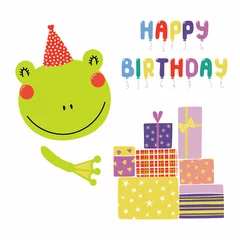 Foto op Canvas Hand drawn birthday card with cute funny frog in a party hat, presents, balloons quote Happy birthday. Isolated objects. Scandinavian style flat design. Vector illustration. Concept for kids print. © Maria Skrigan