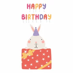 Zelfklevend Fotobehang Hand drawn birthday card with cute funny bunny in a party hat, present, ballons quote Happy birthday. Isolated objects. Scandinavian style flat design. Vector illustration. Concept for kids print. © Maria Skrigan
