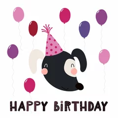 Foto op Canvas Hand drawn birthday card with cute funny dog in a party hat, balloons, quote Happy birthday. Isolated objects. Scandinavian style flat design. Vector illustration. Concept for kids print. © Maria Skrigan
