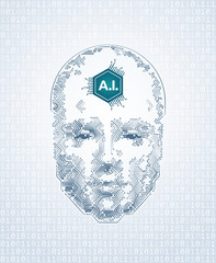Artistic Representation Of Artificial Intelligence. Human face formed from electronic pattern of printed circuit board. Illustration on the subject of 'Future Technologies'.