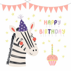 Hand drawn birthday card with cute funny zebra in a party hat, bunting, cupcake, quote Happy birthday. Isolated objects. Scandinavian style flat design. Vector illustration. Concept for kids print.