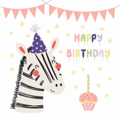 Foto op Canvas Hand getekende verjaardagskaart met leuke grappige zebra in een feestmuts, bunting, cupcake, citaat Happy birthday. Geïsoleerde objecten. Scandinavische stijl plat ontwerp. Vector illustratie. Concept voor kinderen afdrukken. © Maria Skrigan