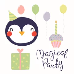 Foto op Canvas Hand drawn birthday card with cute funny penguin in a party hat, balloons, present, cupcake, quote. Isolated objects. Scandinavian style flat design. Vector illustration. Concept for kids print. © Maria Skrigan