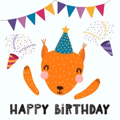 Sierkussen Hand drawn birthday card with cute funny squirrel in a party hat, bunting, poppers, quote Happy birthday. Isolated objects. Scandinavian style flat design. Vector illustration. Concept for kids print. © Maria Skrigan