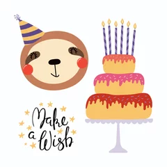 Foto auf Glas Hand drawn birthday card with cute funny sloth in a party hat, cake with candles, quote Make a wish. Isolated objects. Scandinavian style flat design. Vector illustration. Concept for kids print. © Maria Skrigan