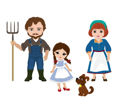 Illustration of Dorothy and her family. Uncle Henry, Auntie Em  together .