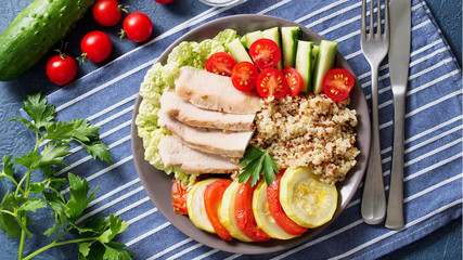 Healthy vegetable buddha bowl lunch with turkey, vegetables and