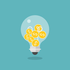 Coins in light bulb, flat design icon