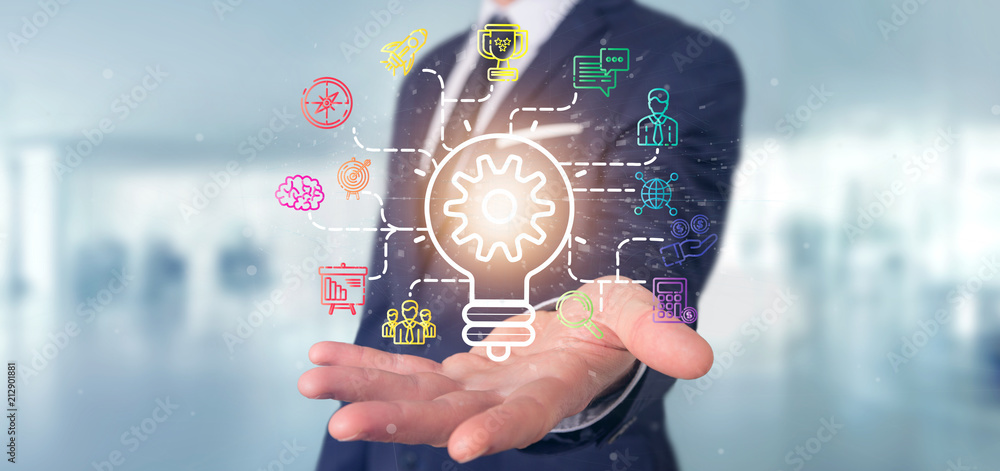 Poster businessman holding a bulb lamp idea concept with start up icon connected 3d rendering