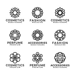 Flower logo templates in trendy linear style, vector floral icons and elegant lineart monograms