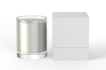 Votive candle with box, mock up template on isolated white background, 3d illustration