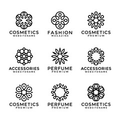 Flower logo templates in trendy linear style, vector floral icons and elegant lineart monograms