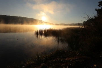 Sunrise over misty lake
