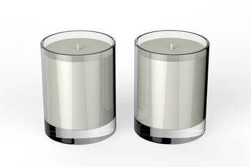 Votive candle with box, mock up template on isolated white background, 3d illustration