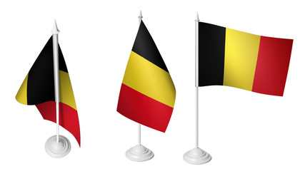 Isolated 3 Small Desk Belgium Flag waving 3d Realistic Belgiumian Desk Flag