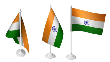 Isolated 3 Small Desk India Flag waving 3d Realistic Indian Desk Flag