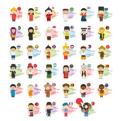 Fototapeta premium Vector illustration set of cartoon characters saying hello and welcom in 34 languages spoken in Asia and Oceania