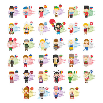 Vector Illustration Set Of Cartoon Characters Saying Hello And Welcom In 34 Languages Spoken In Europe