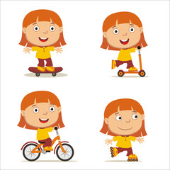 Collection of isolated girl with red hair on bike, skateboard, scooter and roller skates.
