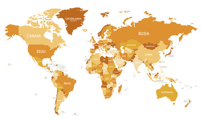 Fototapeta premium Political World Map vector illustration with different tones of orange for each country and country names in spanish. Editable and clearly labeled layers.