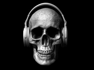 skull with headphones isolated in background 3d illustration