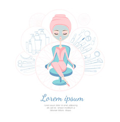 Beauty saloon. Template design for advertising or flyer. Girl doing spa treatment. Cosmetic products.