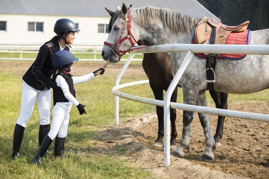 Little girl and her Chinese mother feeding horse