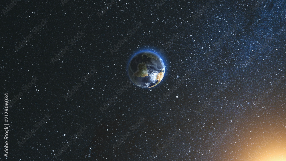 Wall mural space view on planet earth and sun star rotating on its axis in black universe. seamless loop with d