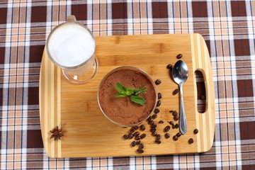 chocolate mousse with mint, coffee with cream, milk, cappuccino, espresso