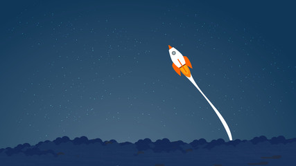 Picture of rocket flying above clouds, business startup banner concept, flat style illustration. Succes concept, pass the limits concept
