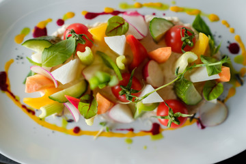 Vegetable mix. Beautiful serving of food in the restaurant