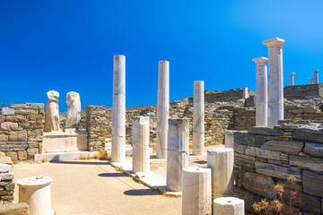 Ancient ruins in the island of Delos in Cyclades, one of the most important mythological,...