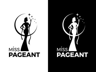 Miss lady pageant logo sign with queen wears evening gown and crown and star vector design