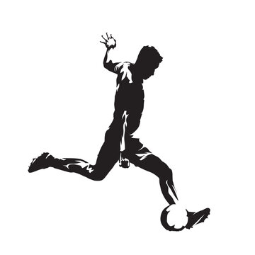 Soccer player kicking ball, isolated vector slhouette. Fooballer running with ball. Football, team sport