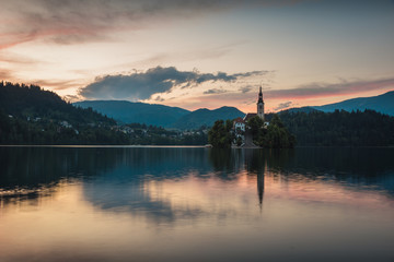 Dusk over the church on the island on Lake Bled, Slovenia
