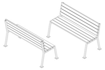 Черно-белая контурная уличная скамейка из деревянных реек на металлических опорах, векторный изометрический рисунок на белом фоне