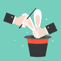 Magician show pulling rabbit out of hat, flat design