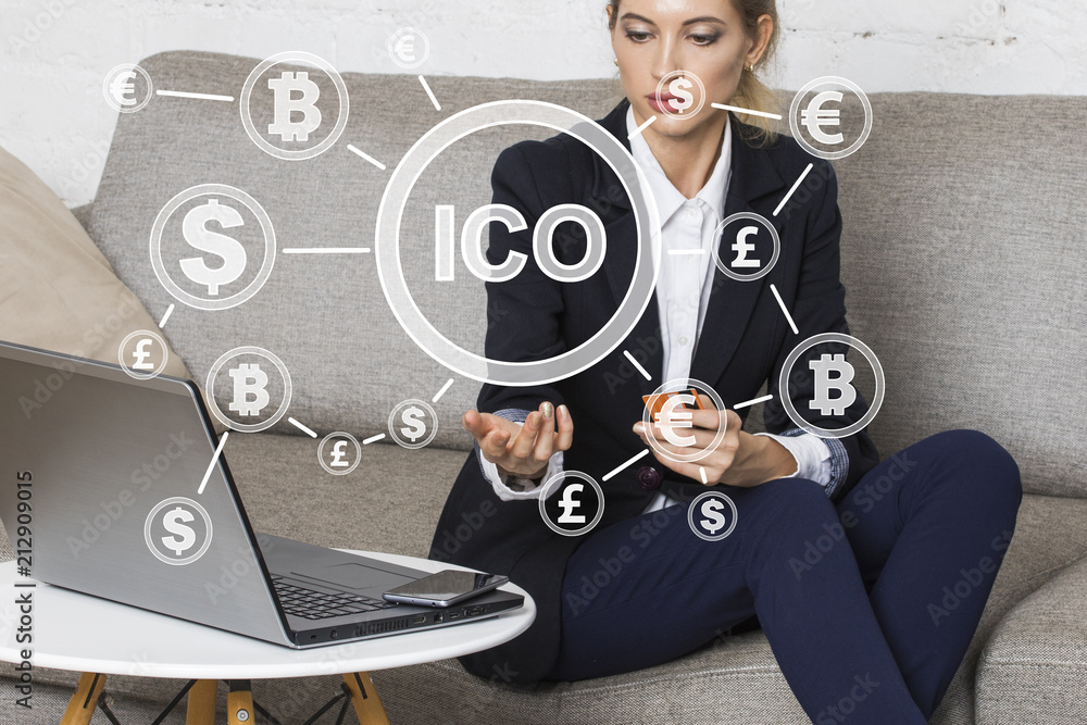 Poster businessman presses currencies button ico initial coin offering on a virtual online electronic user 