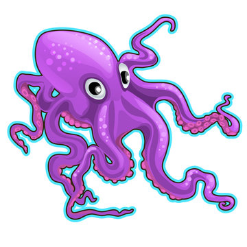 Cartoon purple octopus. Inhabitants of the seas and oceans isolated on white background. Vector cartoon close-up illustration.