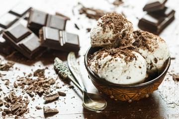 Homemade vanilla ice cream with chocolate chips. Refreshing dessert for gourmets. stracciatella