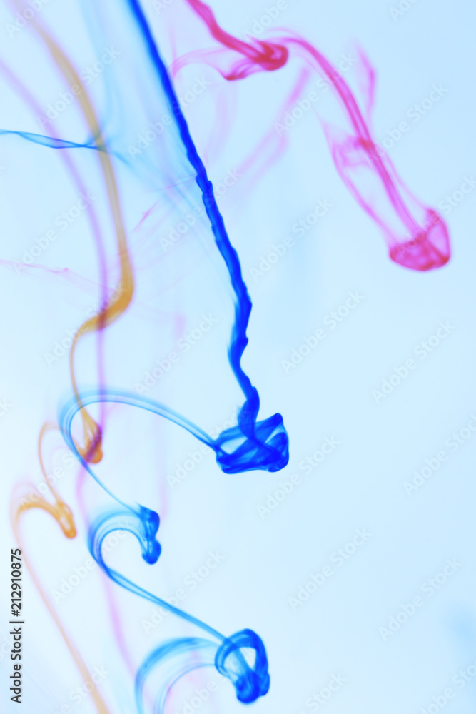 Poster colored ink drop lines dynamic motion in water. ambient soft background.